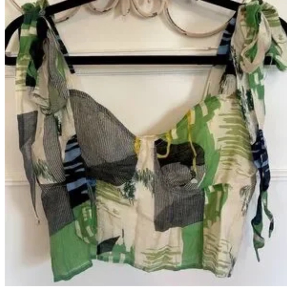 Le Lis Collection Green Abstract Print Tie Strap‎ Crop Top - Size S